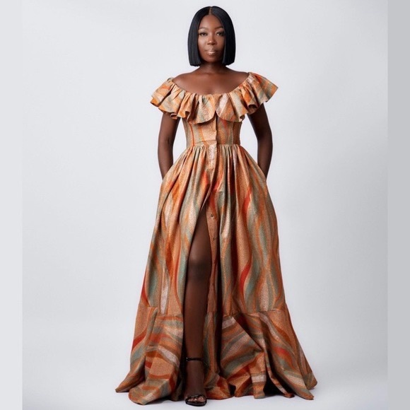 Sika Porter 100% Cotton Handmade Multi Color Brown Orange Maxi Dress - Picture 1 of 14